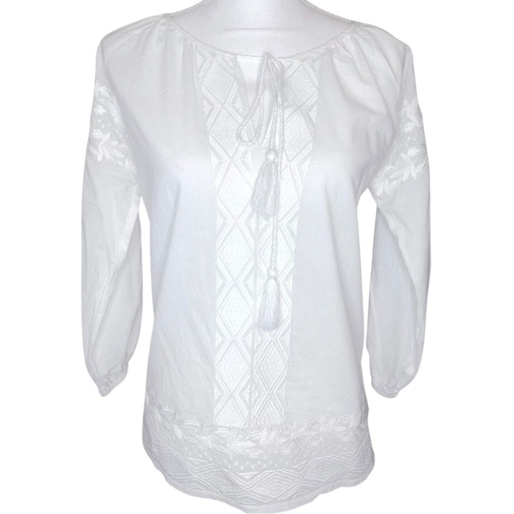 Solitaire Women Peasant Top Boho Embroidered White Long Sleeve Small 100% Cotton